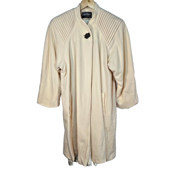 Vintage 80s Portrait cream wool statement shoulder mid length coat L - Picture 1 of 14